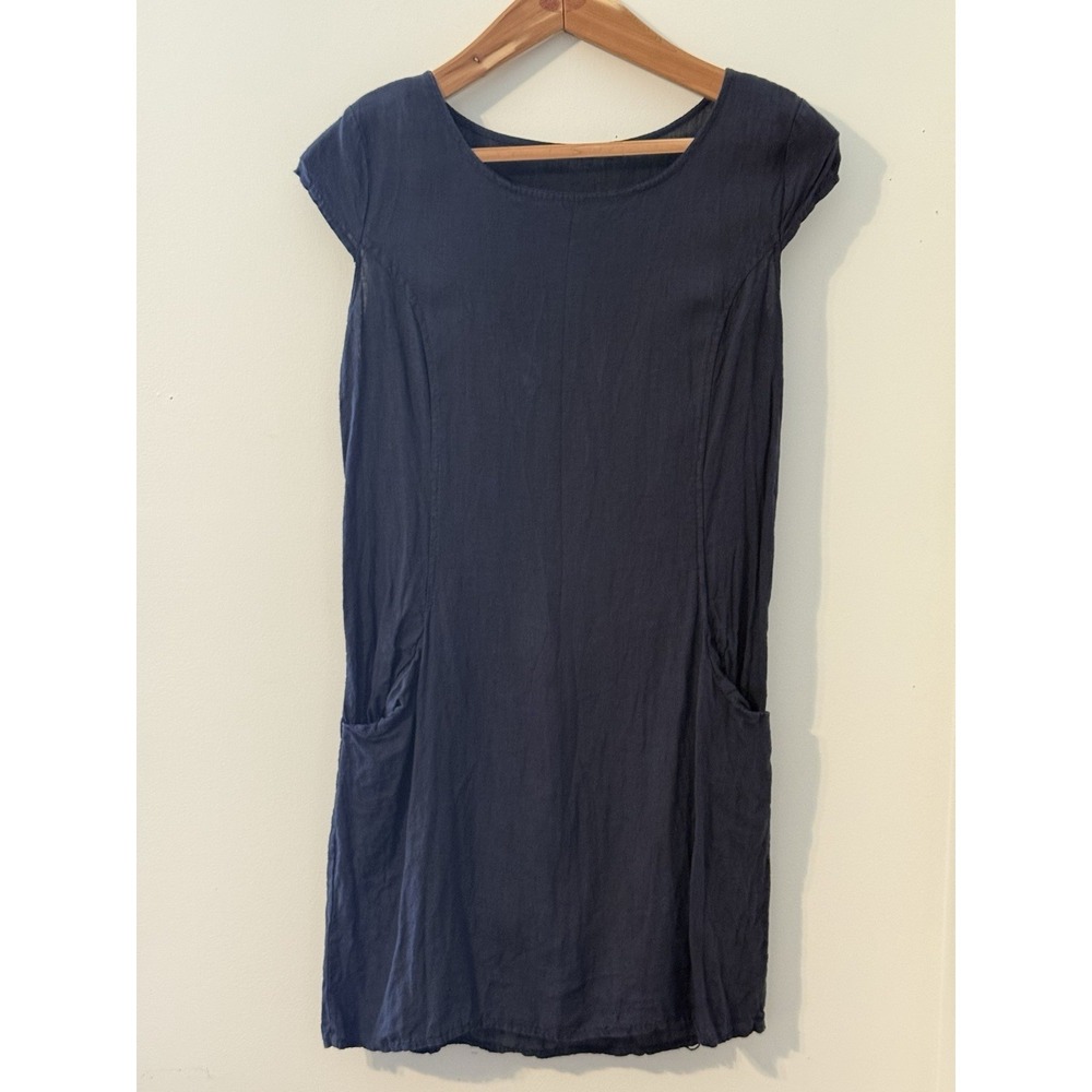 Lungo L'Arno Navy Blue 100% Linen Shift Dress S Cap Sleeve Pockets Casual Italy